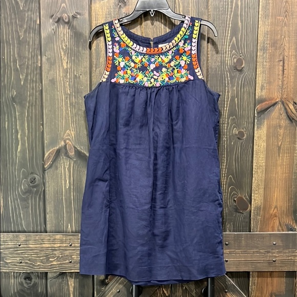 J. Crew Linen Blend Mini Dress 10 Embroidered Floral Boho Chic Navy Blue Cotton - Picture 1 of 10